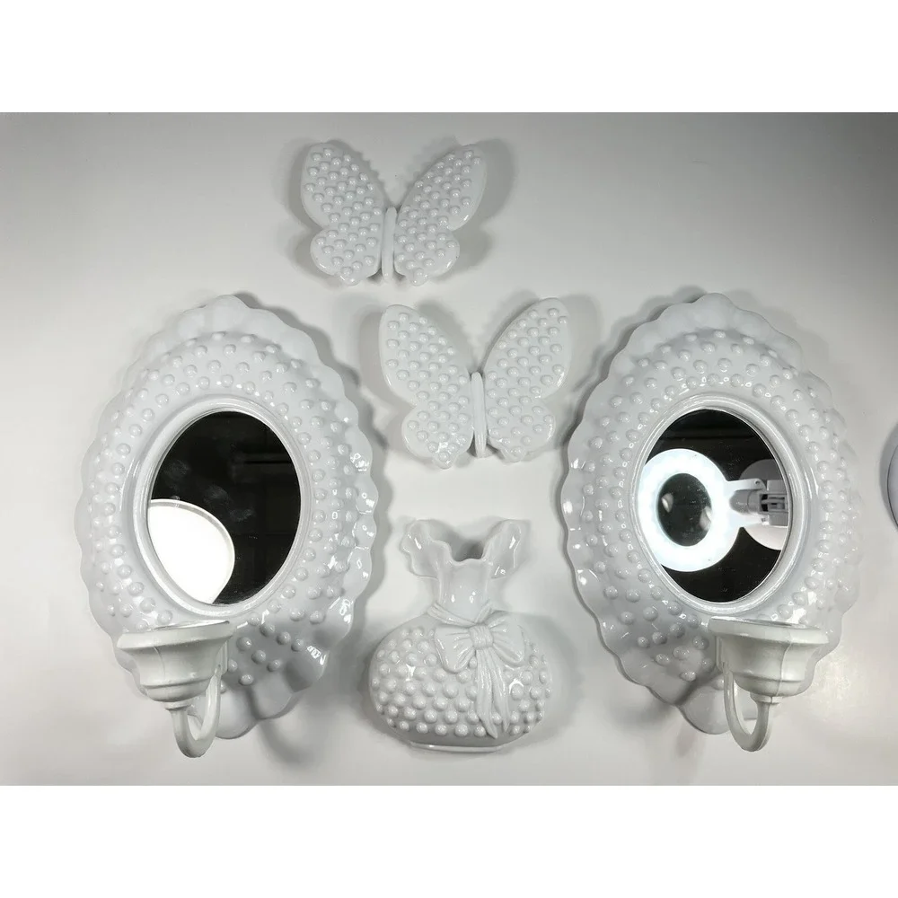Vtg 1984 Burwood Hobnail Plastic Mirror‎ Wall Sconces Candle Holders Set Of 5